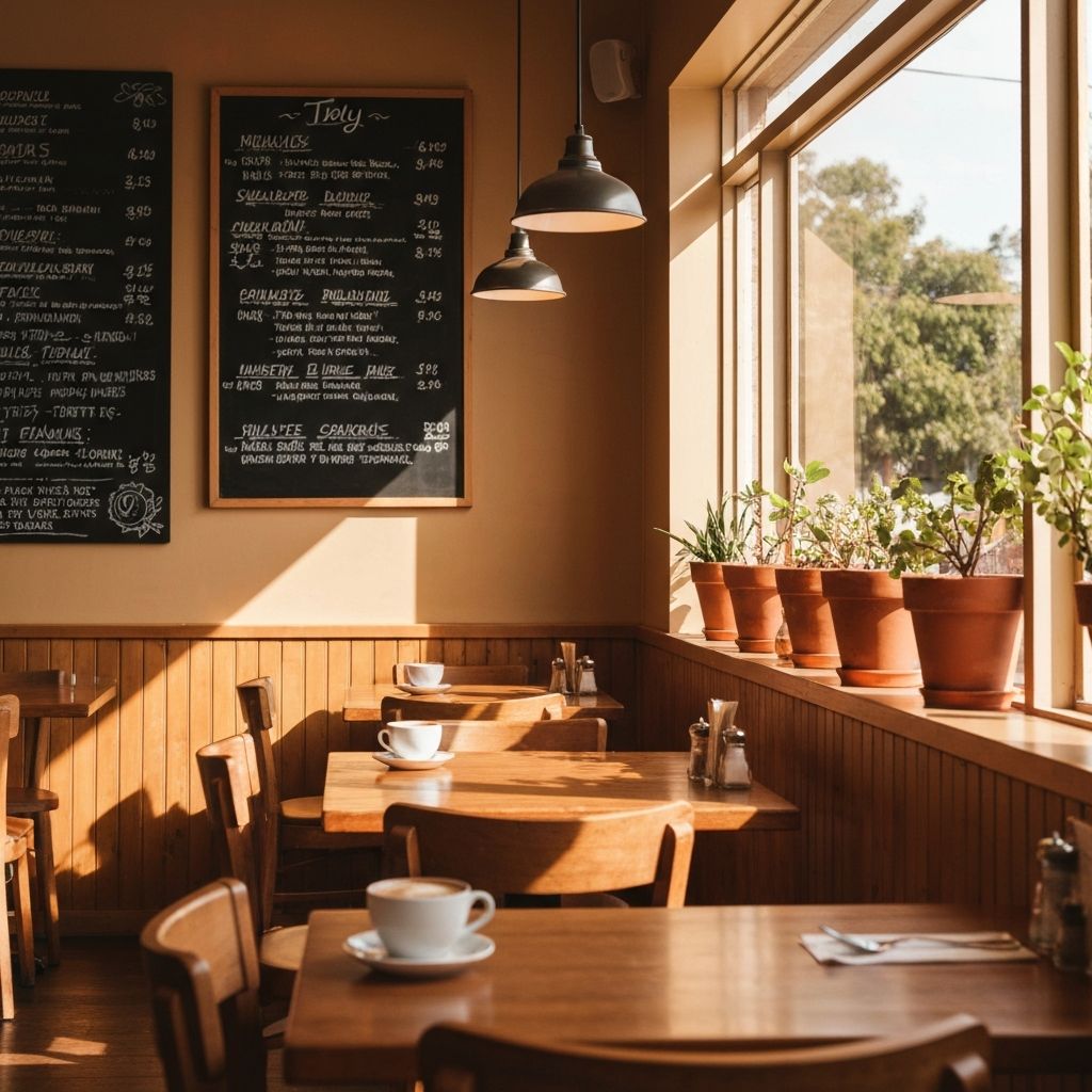 Inside Cinnamon Fusion Eatery – warm café interior with timber furniture and morning light