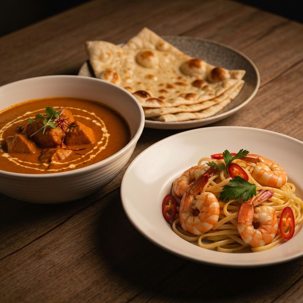 Butter chicken curry in a ceramic bowl with naan, and chilli crab linguini pasta garnished with fresh chilli