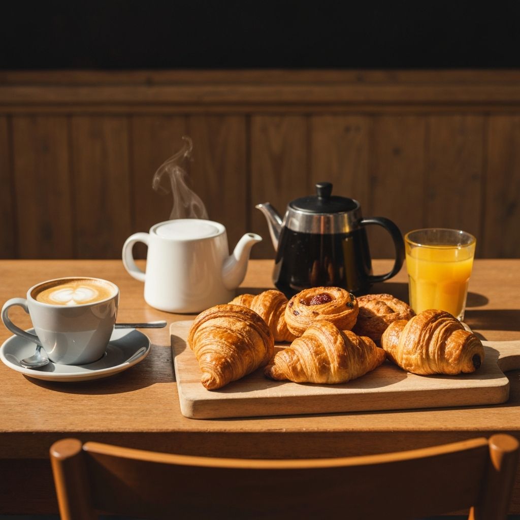 Golden croissants and pastries with flat white coffee, tea, and fresh orange juice