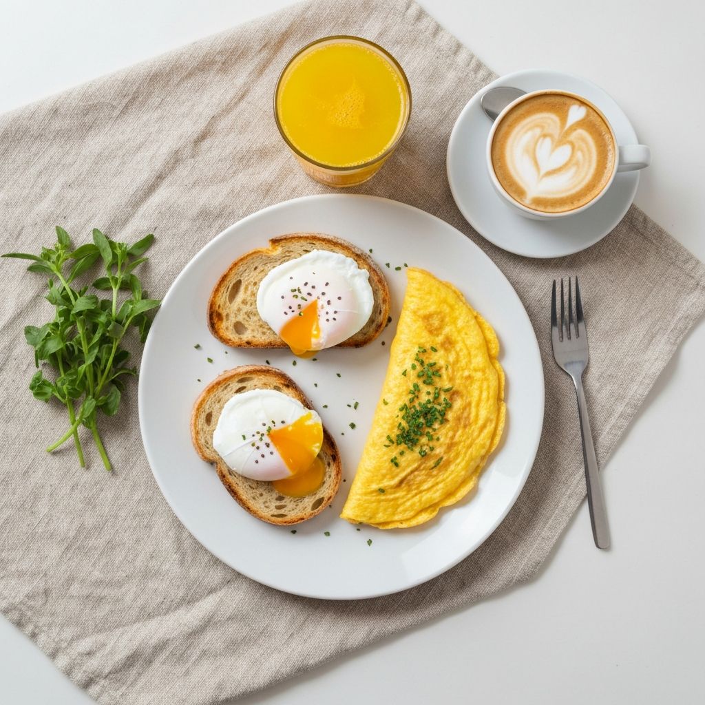 Poached eggs on sourdough, omelette with herbs, orange juice and cappuccino at Cinnamon Fusion Eatery