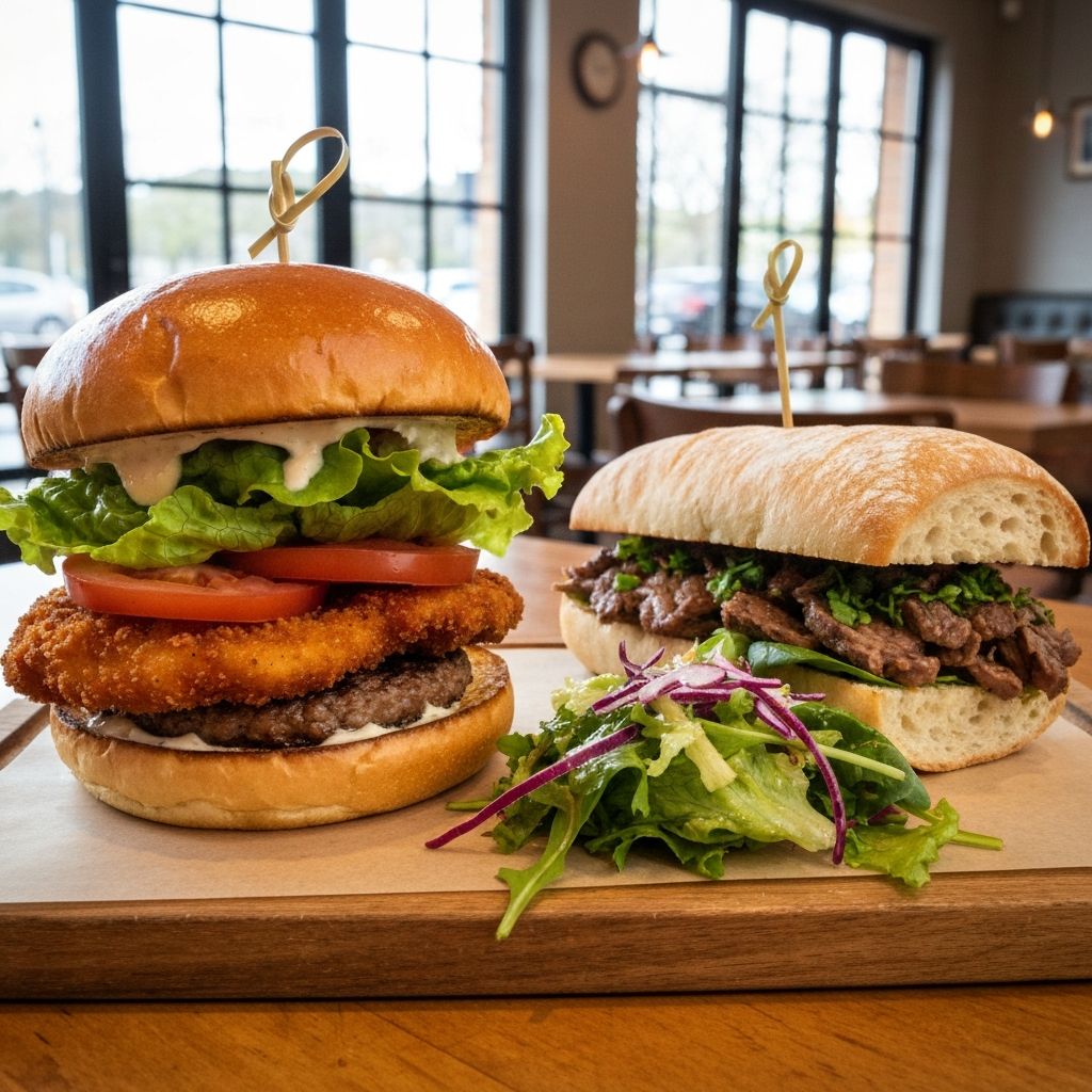 Artisan chicken schnitzel burger and lamb sandwich on ciabatta served on a wooden board