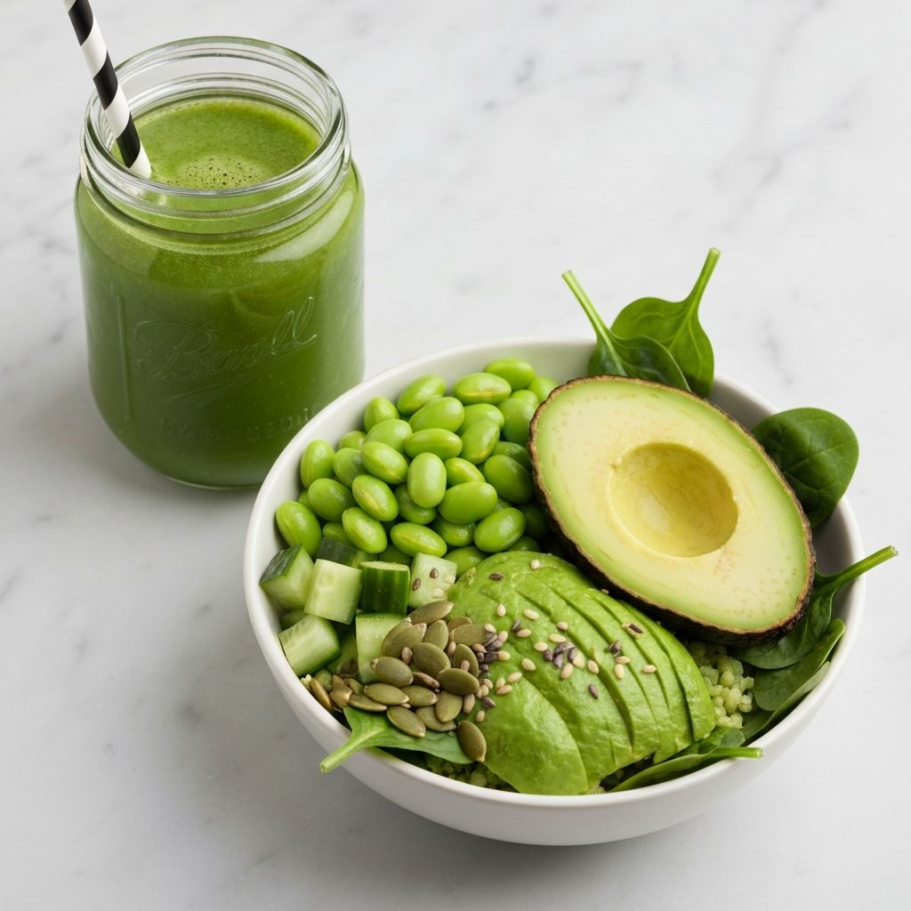 DETOX juice in a glass jar and a vibrant Green Bowl with avocado, edamame and seeds